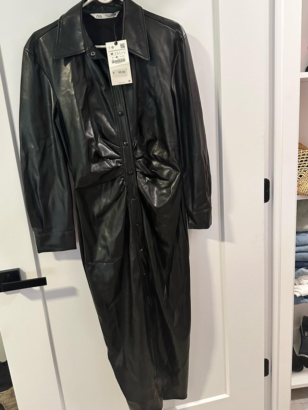 Zara Black Faux Leather Long Trench Coat